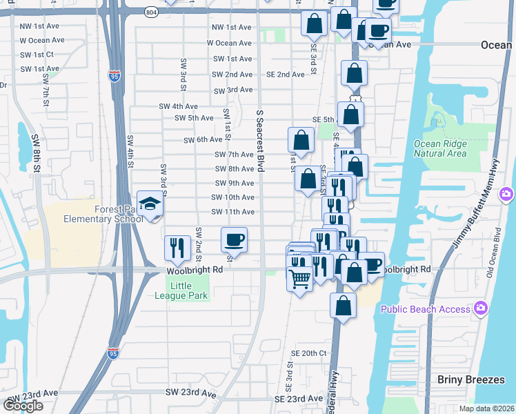 map of restaurants, bars, coffee shops, grocery stores, and more near 1115 South Seacrest Boulevard in Boynton Beach
