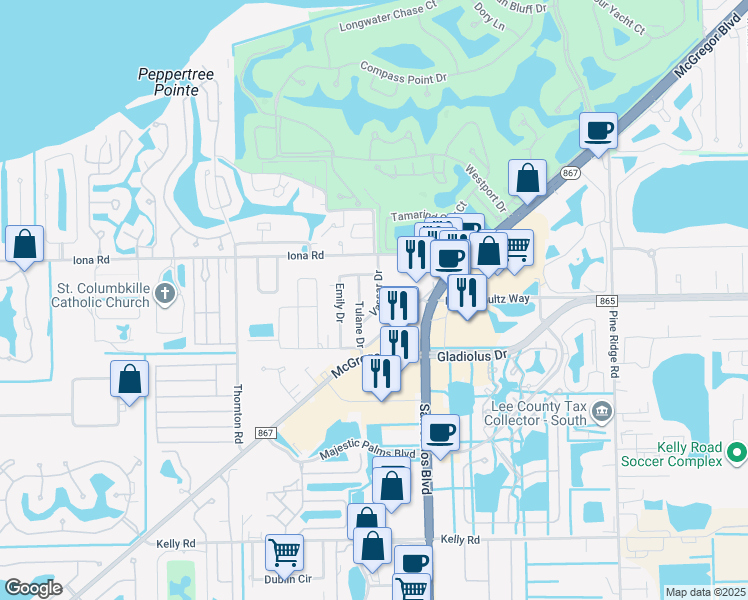 map of restaurants, bars, coffee shops, grocery stores, and more near 7170 Tulane Drive in Fort Myers
