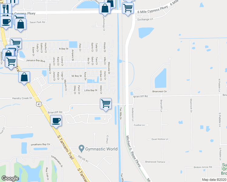 map of restaurants, bars, coffee shops, grocery stores, and more near 299 Kittery Court in Fort Myers
