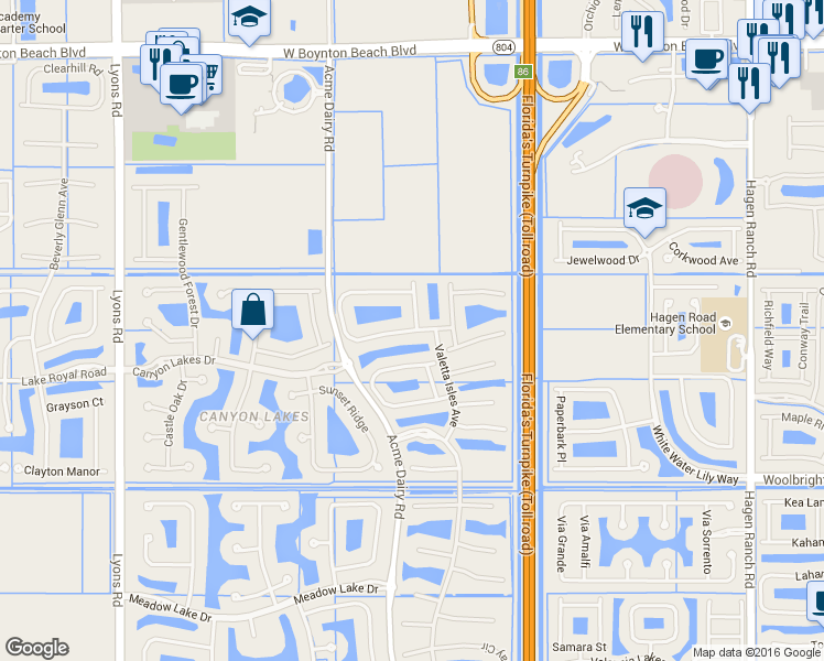 map of restaurants, bars, coffee shops, grocery stores, and more near 8598 Serena Creek Avenue in Boynton Beach