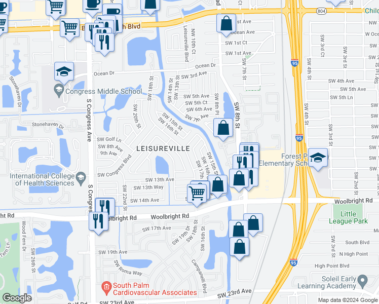 map of restaurants, bars, coffee shops, grocery stores, and more near 804 Southwest 18th Street in Boynton Beach