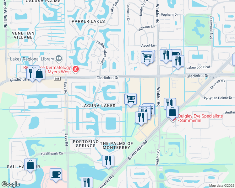 map of restaurants, bars, coffee shops, grocery stores, and more near 8930 Spring Mountain Way in Fort Myers