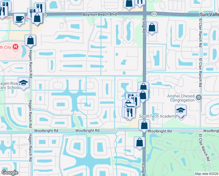 map of restaurants, bars, coffee shops, grocery stores, and more near 10615 Silverton Lane in Boynton Beach