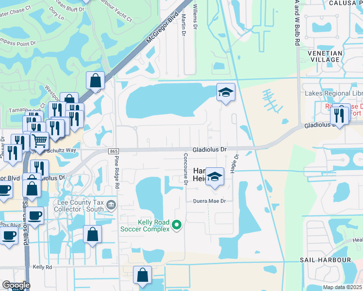 map of restaurants, bars, coffee shops, grocery stores, and more near 10650 Gladiolus Drive in Fort Myers