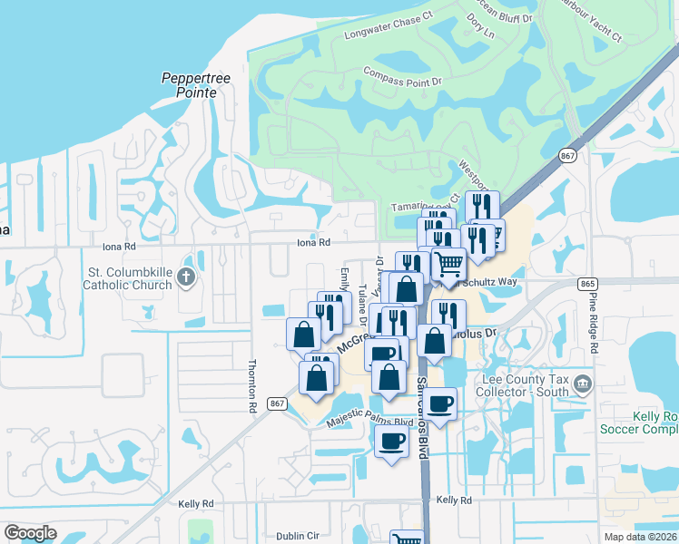 map of restaurants, bars, coffee shops, grocery stores, and more near 7171 Emily Drive in Fort Myers