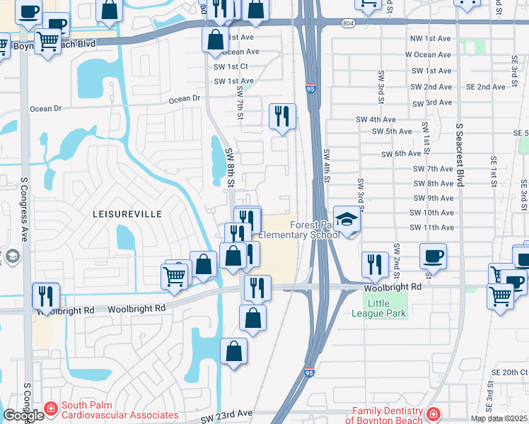 map of restaurants, bars, coffee shops, grocery stores, and more near 601 Newlake Drive in Boynton Beach