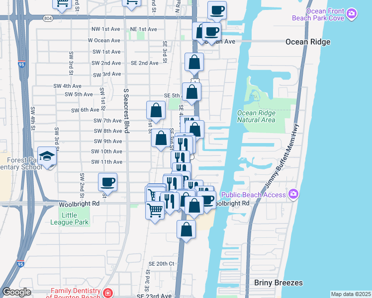 map of restaurants, bars, coffee shops, grocery stores, and more near 1055 South Federal Highway in Boynton Beach
