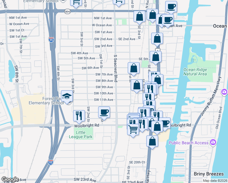 map of restaurants, bars, coffee shops, grocery stores, and more near 101 Southwest 10th Avenue in Boynton Beach