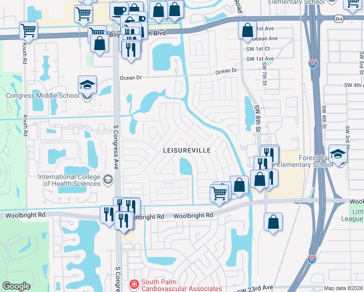 map of restaurants, bars, coffee shops, grocery stores, and more near 2100 Southwest Lake Circle Drive in Boynton Beach