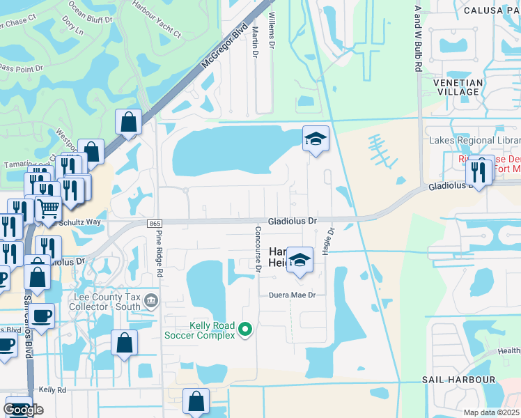 map of restaurants, bars, coffee shops, grocery stores, and more near 10650 Gladiolus Drive in Fort Myers