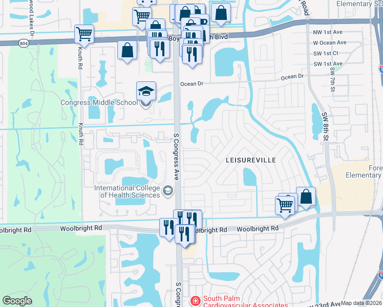 map of restaurants, bars, coffee shops, grocery stores, and more near 2016 Southwest Golf Lane in Boynton Beach