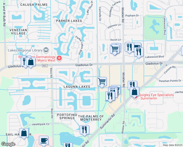 map of restaurants, bars, coffee shops, grocery stores, and more near 8930 Spring Mountain Way in Fort Myers