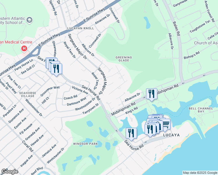 map of restaurants, bars, coffee shops, grocery stores, and more near Sergeant Major Drive in Freeport