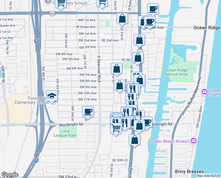 map of restaurants, bars, coffee shops, grocery stores, and more near 136 Southeast 10th Avenue in Boynton Beach