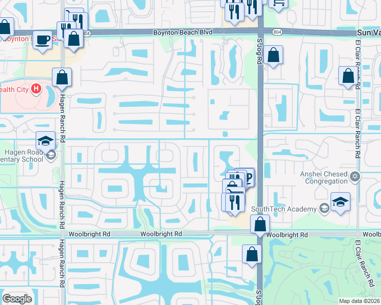 map of restaurants, bars, coffee shops, grocery stores, and more near 10615 Silverton Lane in Boynton Beach