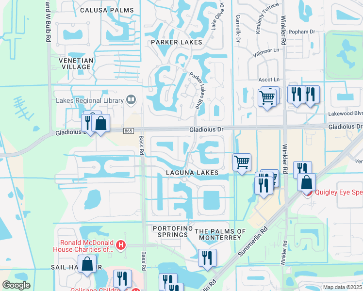map of restaurants, bars, coffee shops, grocery stores, and more near 15300 Lakes of Laguna Boulevard in Fort Myers