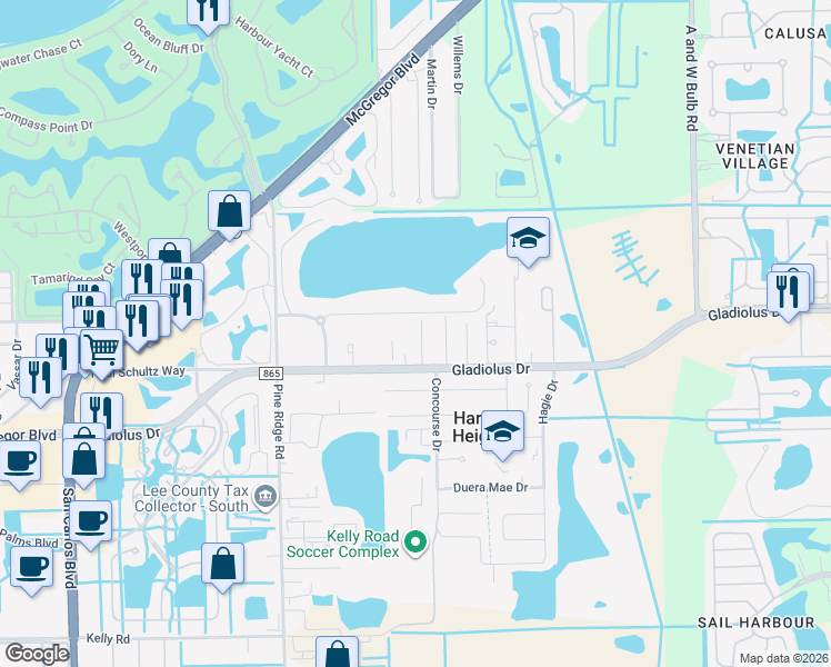 map of restaurants, bars, coffee shops, grocery stores, and more near 15300 Johnson Street in Fort Myers