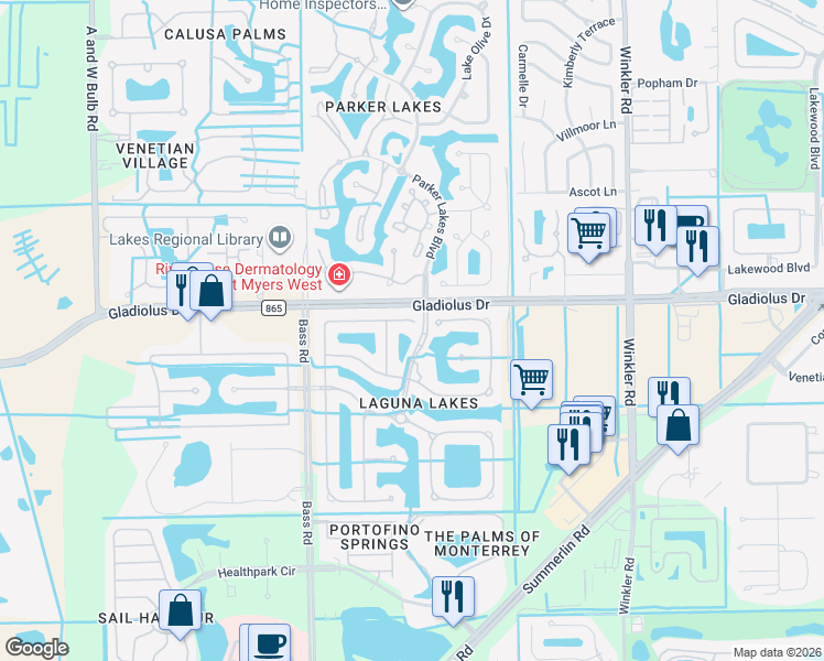 map of restaurants, bars, coffee shops, grocery stores, and more near 9200 Belleza Way in Fort Myers