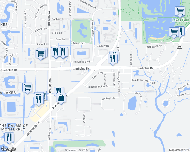 map of restaurants, bars, coffee shops, grocery stores, and more near Cortona Way in Lee County