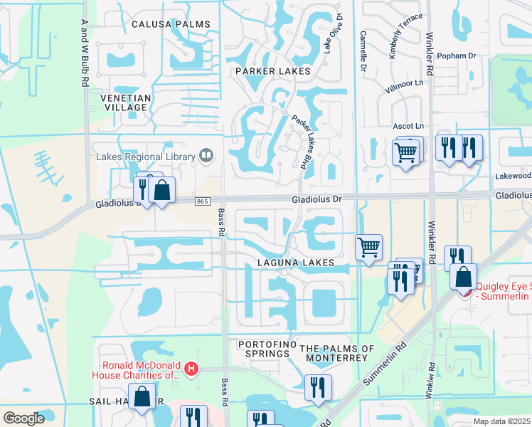 map of restaurants, bars, coffee shops, grocery stores, and more near 9225 Belleza Way in Fort Myers