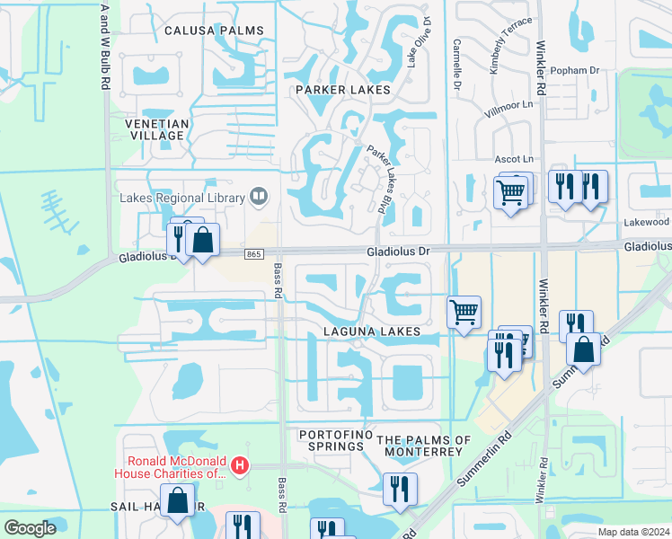 map of restaurants, bars, coffee shops, grocery stores, and more near 9230 Belleza Way in Fort Myers