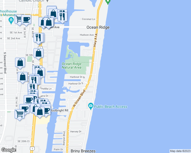 map of restaurants, bars, coffee shops, grocery stores, and more near 6000 Old Ocean Boulevard in Boynton Beach