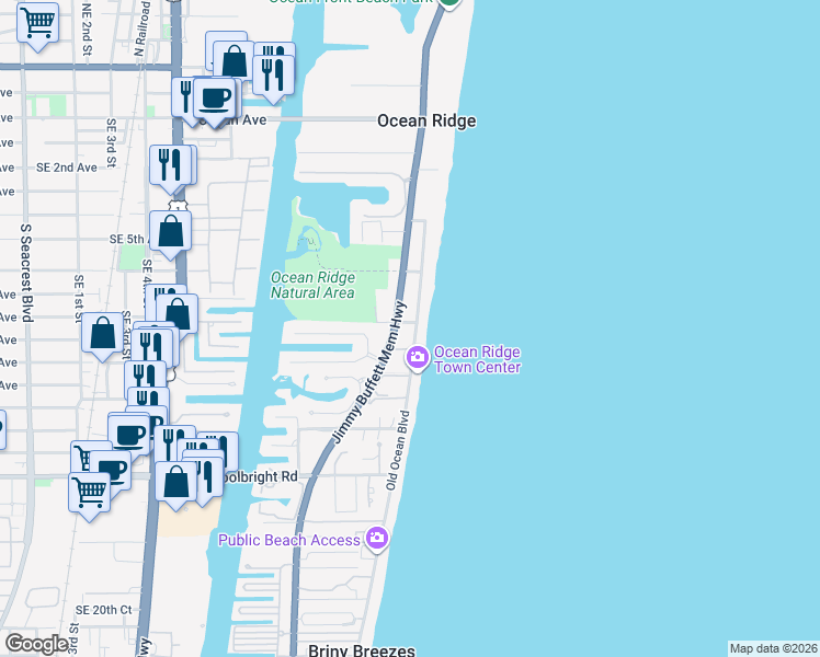 map of restaurants, bars, coffee shops, grocery stores, and more near in Ocean Ridge