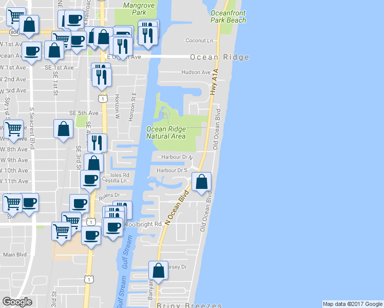 map of restaurants, bars, coffee shops, grocery stores, and more near 22 Harbour Drive North in Boynton Beach
