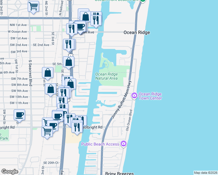 map of restaurants, bars, coffee shops, grocery stores, and more near 34 Harbour Drive North in Boynton Beach