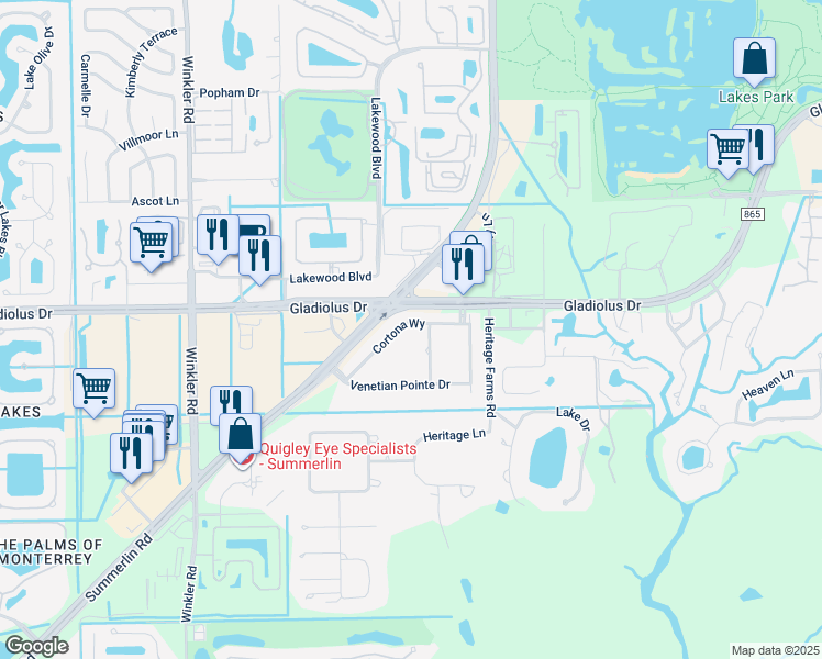 map of restaurants, bars, coffee shops, grocery stores, and more near 15170 Cortona Way in Fort Myers