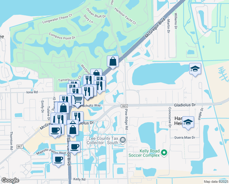 map of restaurants, bars, coffee shops, grocery stores, and more near 15270 Ballast Point Drive in Fort Myers