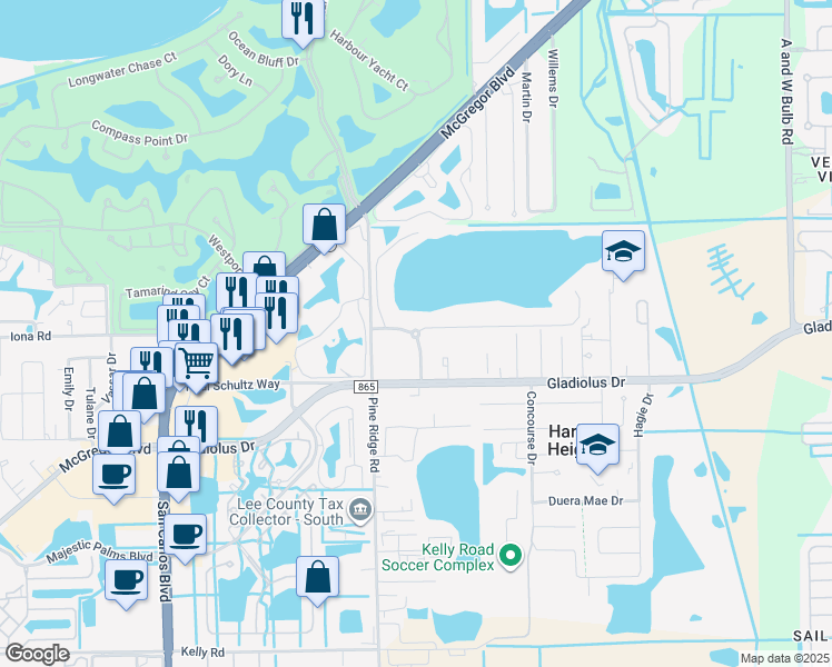 map of restaurants, bars, coffee shops, grocery stores, and more near 15121 Woodrich Bend Court in Fort Myers