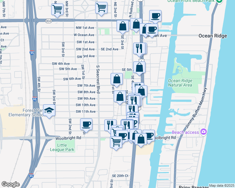 map of restaurants, bars, coffee shops, grocery stores, and more near 210 Southeast 8th Avenue in Boynton Beach
