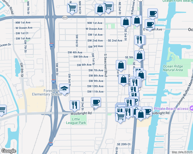 map of restaurants, bars, coffee shops, grocery stores, and more near 138 Southwest 8th Avenue in Boynton Beach
