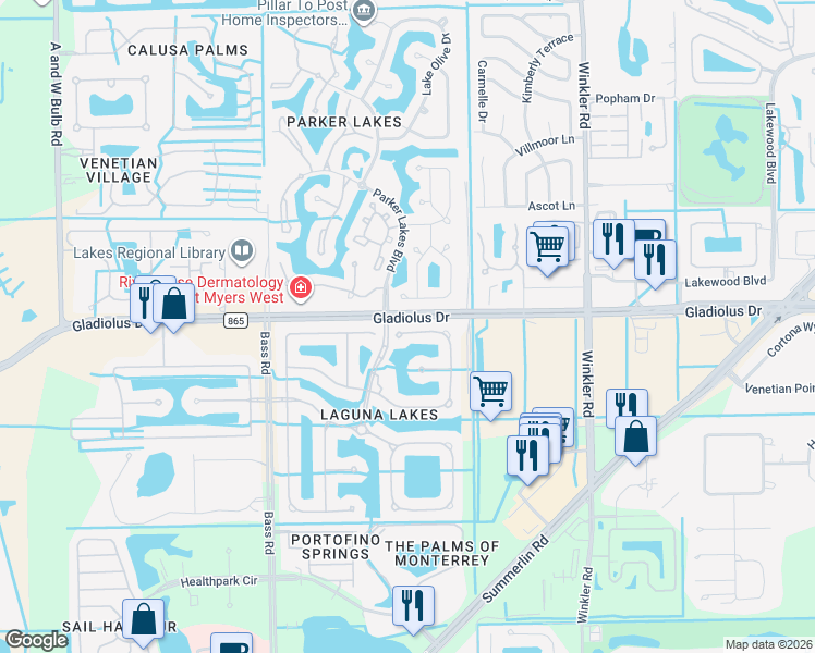 map of restaurants, bars, coffee shops, grocery stores, and more near 8719 Spring Mountain Way in Fort Myers
