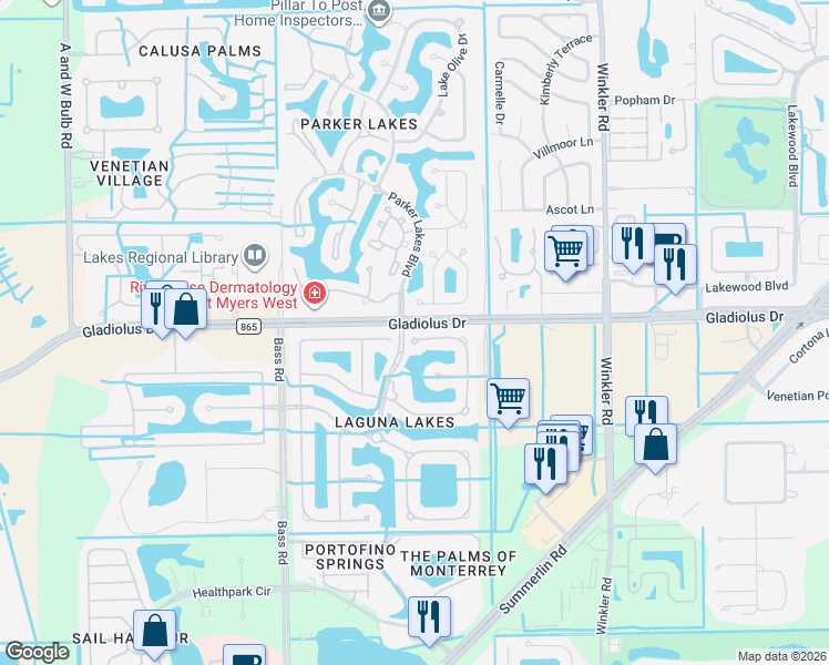 map of restaurants, bars, coffee shops, grocery stores, and more near 8719 Spring Mountain Way in Fort Myers