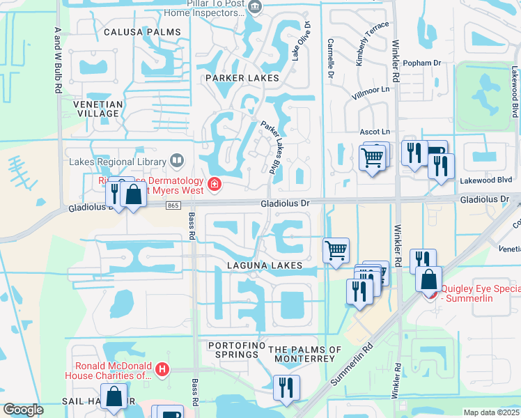 map of restaurants, bars, coffee shops, grocery stores, and more near 9200 Belleza Way in Fort Myers