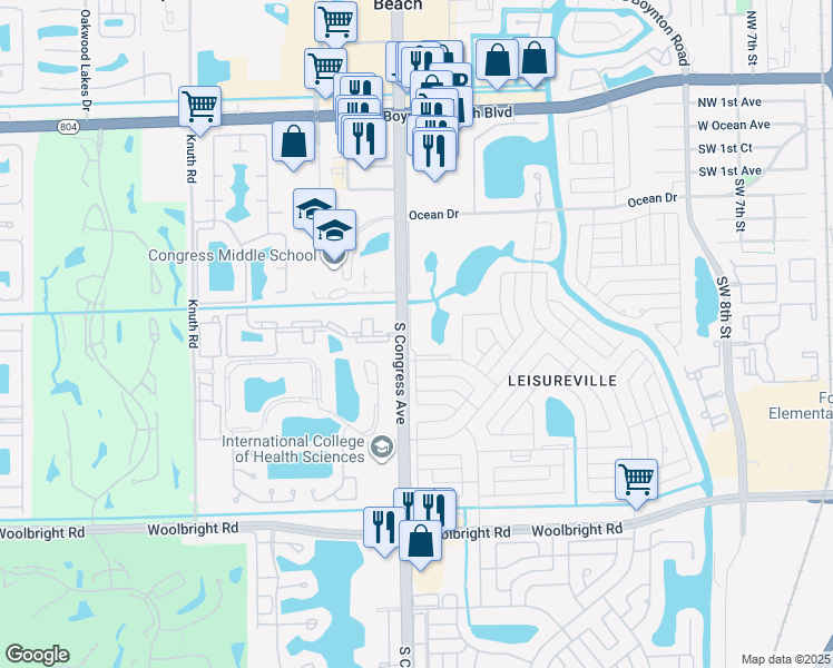 map of restaurants, bars, coffee shops, grocery stores, and more near 610 South Congress Avenue in Boynton Beach