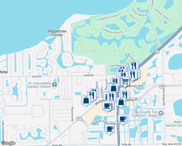 map of restaurants, bars, coffee shops, grocery stores, and more near 11750 Iona Road in Fort Myers