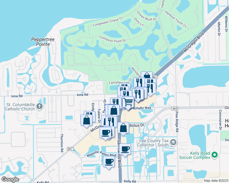 map of restaurants, bars, coffee shops, grocery stores, and more near 15091 Tamarind Cay Court in Fort Myers