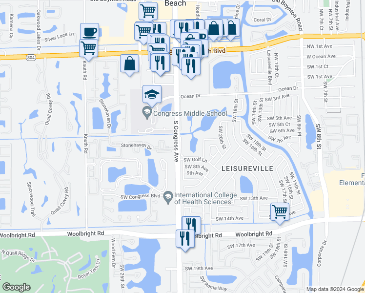 map of restaurants, bars, coffee shops, grocery stores, and more near 610 South Congress Avenue in Boynton Beach