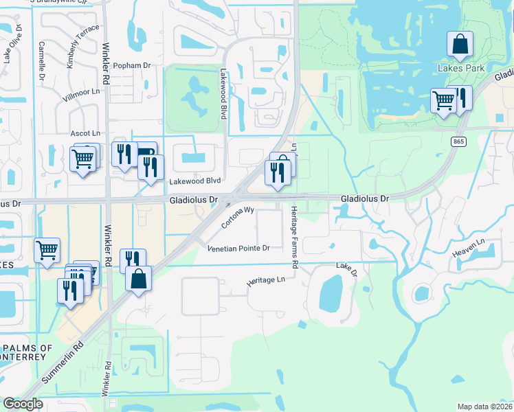 map of restaurants, bars, coffee shops, grocery stores, and more near 15050 Cortona Way in Fort Myers