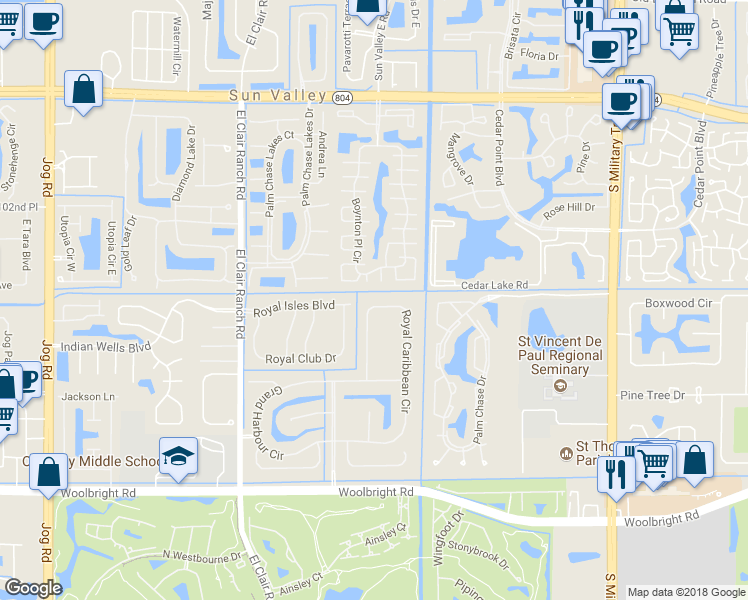 map of restaurants, bars, coffee shops, grocery stores, and more near 10644 Royal Caribbean Circle in Boynton Beach