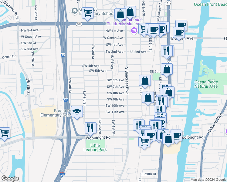 map of restaurants, bars, coffee shops, grocery stores, and more near 138 Southwest 8th Avenue in Boynton Beach