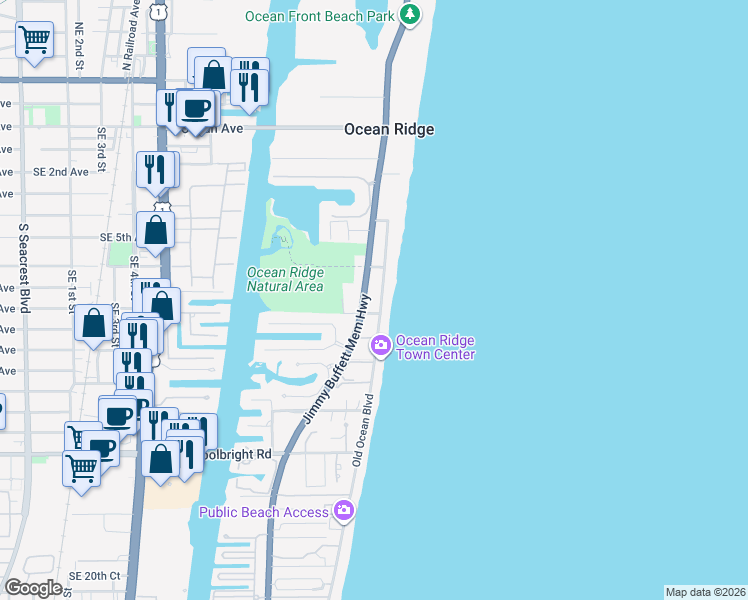 map of restaurants, bars, coffee shops, grocery stores, and more near in Ocean Ridge