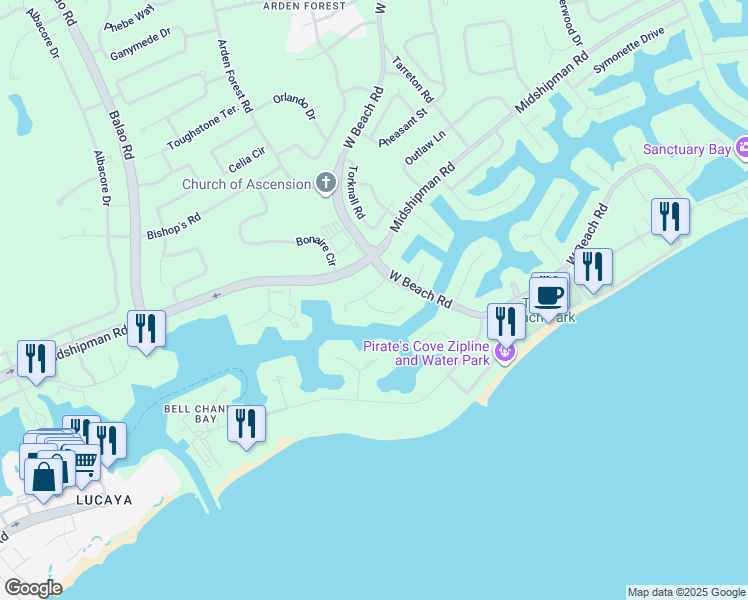 map of restaurants, bars, coffee shops, grocery stores, and more near West Beach Road in Freeport