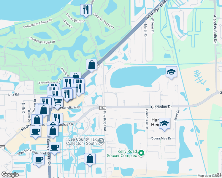 map of restaurants, bars, coffee shops, grocery stores, and more near 15121 Woodrich Bend Court in Fort Myers