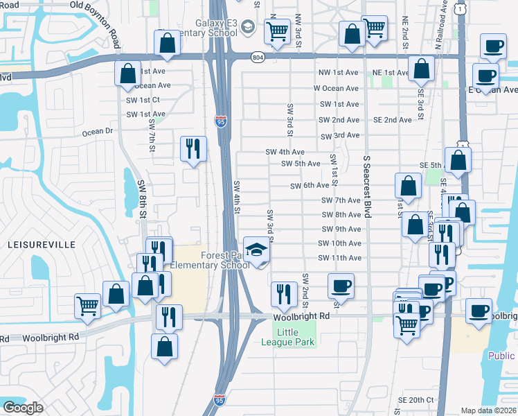 map of restaurants, bars, coffee shops, grocery stores, and more near 346 Southwest 8th Avenue in Boynton Beach
