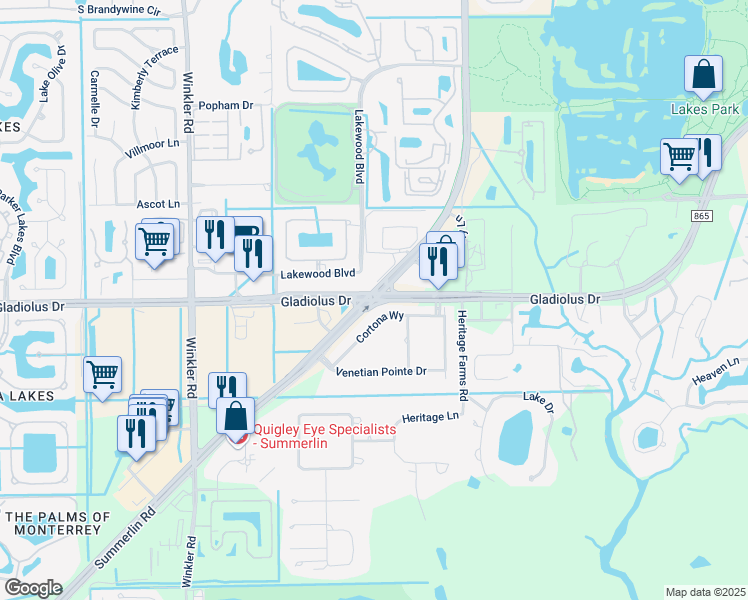 map of restaurants, bars, coffee shops, grocery stores, and more near Gladiolus Dr & Summerlin Rd in Fort Myers