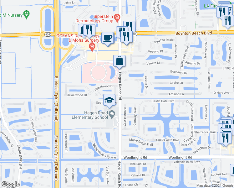 map of restaurants, bars, coffee shops, grocery stores, and more near 10436 Pearwood Place in Boynton Beach